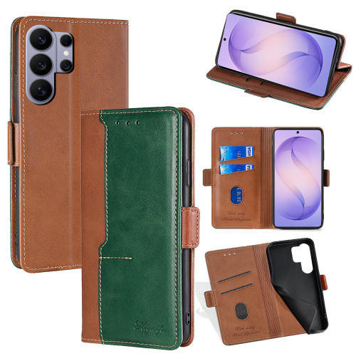Samsung Galaxy S26 Ultra 5G Contrast Color Side Buckle Leather Phone Case - Light Brown + Green
