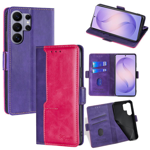 Samsung Galaxy S26 Ultra 5G Contrast Color Side Buckle Leather Phone Case - Purple + Rose Red
