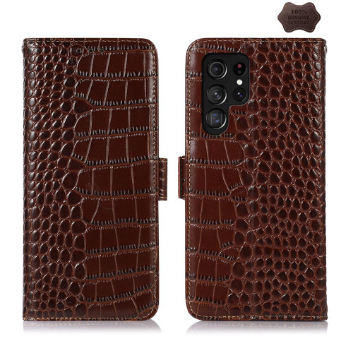 Samsung Galaxy S26 Ultra 5G Crocodile Top Layer Cowhide Leather Phone Case - Brown