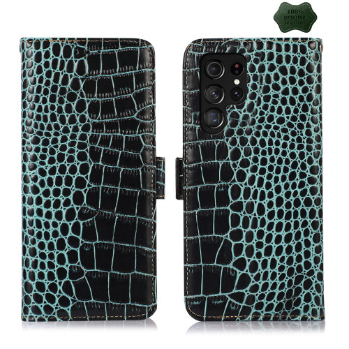 Samsung Galaxy S26 Ultra 5G Crocodile Top Layer Cowhide Leather Phone Case - Green