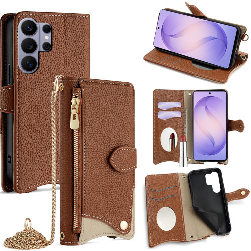 Samsung Galaxy S26 Ultra 5G Crossbody Chain Fishtail Litchi Leather Phone Case - Brown