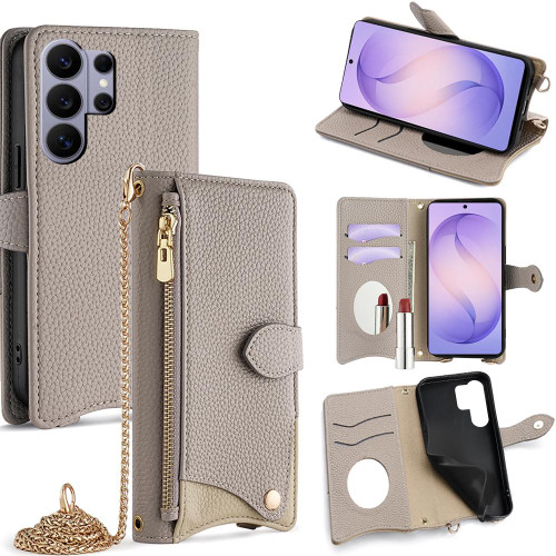 Samsung Galaxy S26 Ultra 5G Crossbody Chain Fishtail Litchi Leather Phone Case - Grey