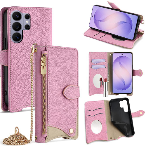 Samsung Galaxy S26 Ultra 5G Crossbody Chain Fishtail Litchi Leather Phone Case - Pink