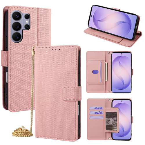 Samsung Galaxy S26 Ultra 5G Crossbody Chain Triangle Leather Phone Case - Pink