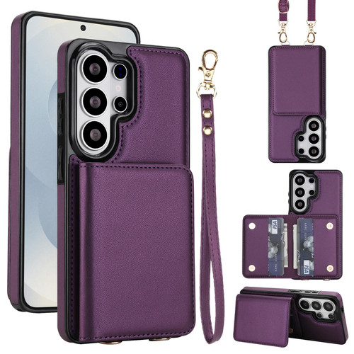 Samsung Galaxy S26 Ultra 5G Crossbody Dual-buckle Wallet RFID Back Leather Phone Case - Dark Purple
