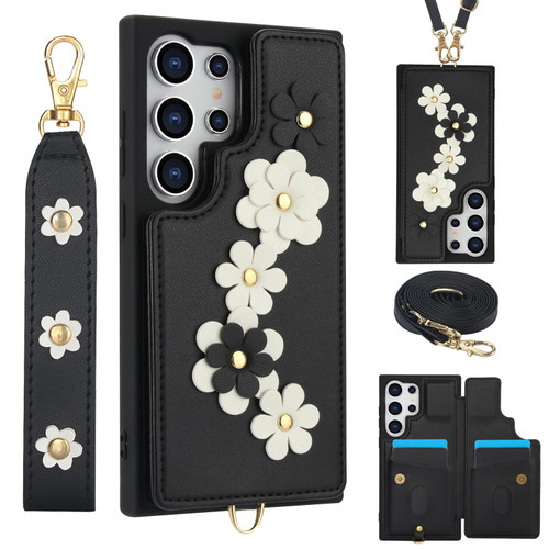 Samsung Galaxy S26 Ultra 5G Crossbody Flower Pattern Leather Phone Case - Black
