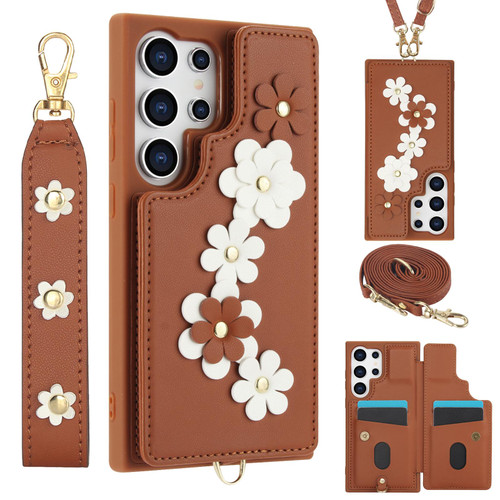 Samsung Galaxy S26 Ultra 5G Crossbody Flower Pattern Leather Phone Case - Brown