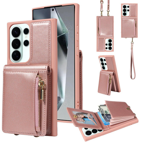 Samsung Galaxy S26 Ultra 5G Crossbody Lanyard Zipper Wallet Leather Phone Case - Rose Gold