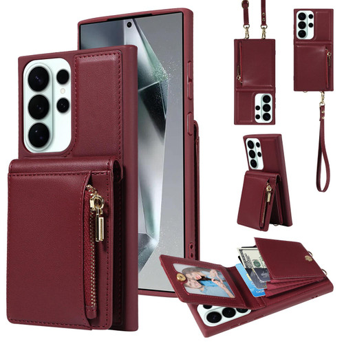 Samsung Galaxy S26 Ultra 5G Crossbody Lanyard Zipper Wallet Leather Phone Case - Wine Red