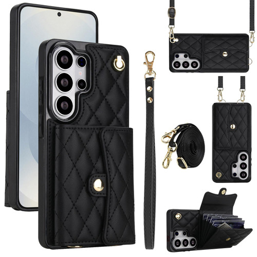 Samsung Galaxy S26 Ultra 5G Crossbody Rhombic Horizontal Wallet Leather Phone Case - Black