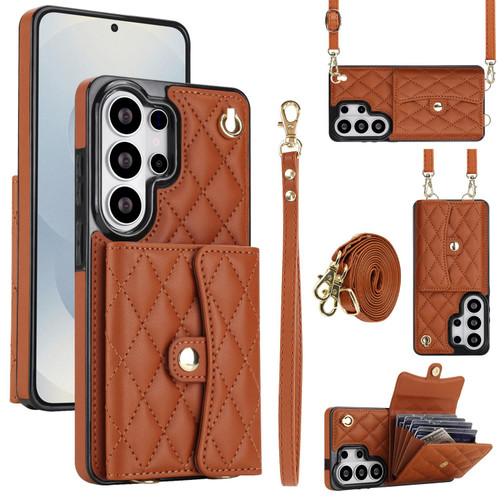 Samsung Galaxy S26 Ultra 5G Crossbody Rhombic Horizontal Wallet Leather Phone Case - Brown