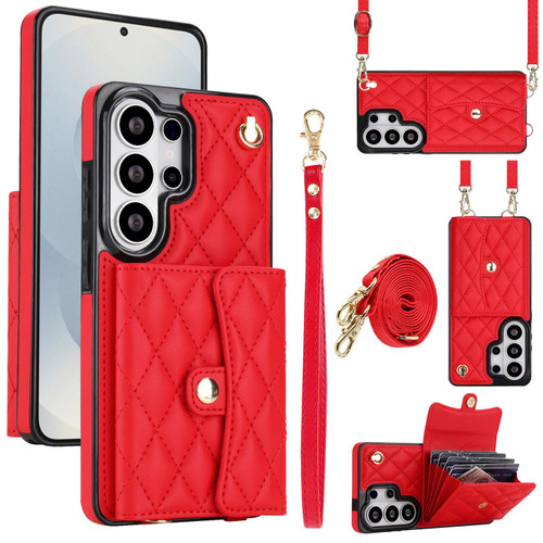 Samsung Galaxy S26 Ultra 5G Crossbody Rhombic Horizontal Wallet Leather Phone Case - Red