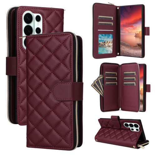 Samsung Galaxy S26 Ultra 5G Crossbody Rhombic Zipper Tower Buckle Leather Phone Case with Lanyard - Wine Red