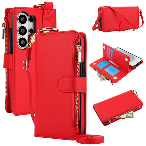 Samsung Galaxy S26 Ultra 5G Crossbody Ring Multifunctional Wallet Leather Phone Case - Red