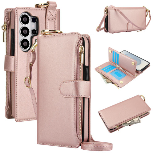 Samsung Galaxy S26 Ultra 5G Crossbody Ring Multifunctional Wallet Leather Phone Case - Rose Gold