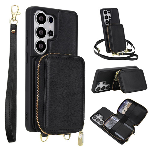 Samsung Galaxy S26 Ultra 5G Crossbody Zipper RFID Card Bag Phone Case - Black