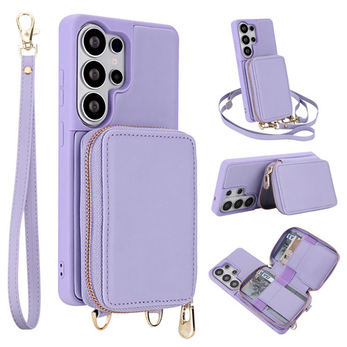 Samsung Galaxy S26 Ultra 5G Crossbody Zipper RFID Card Bag Phone Case - Light Purple