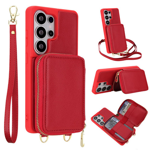 Samsung Galaxy S26 Ultra 5G Crossbody Zipper RFID Card Bag Phone Case - Red