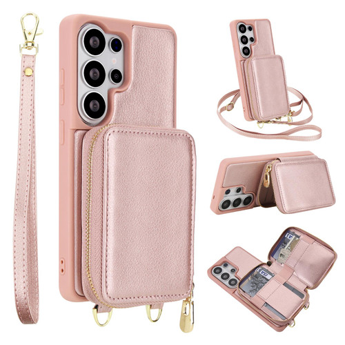 Samsung Galaxy S26 Ultra 5G Crossbody Zipper RFID Card Bag Phone Case - Rose Gold