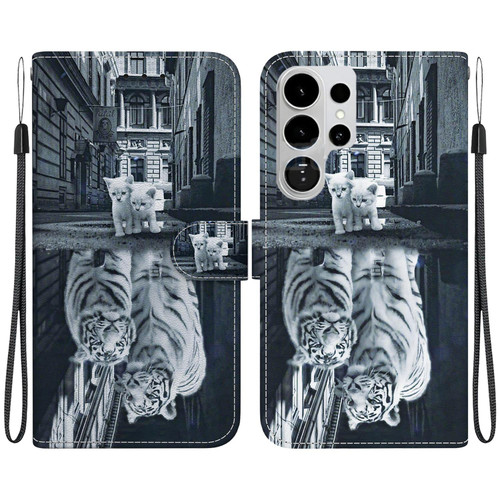 Samsung Galaxy S26 Ultra 5G Crystal Texture Colored Drawing Leather Phone Case - Cat Tiger Reflection