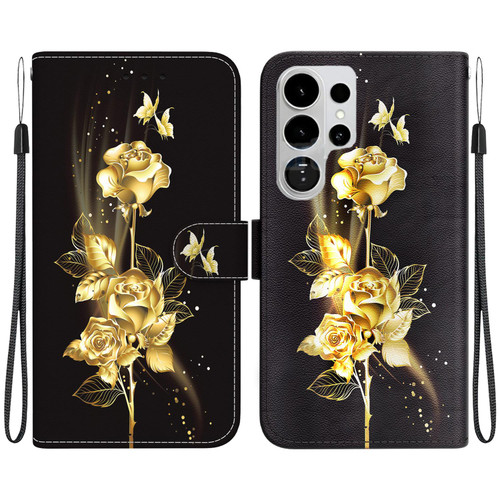 Samsung Galaxy S26 Ultra 5G Crystal Texture Colored Drawing Leather Phone Case - Gold Butterfly Rose