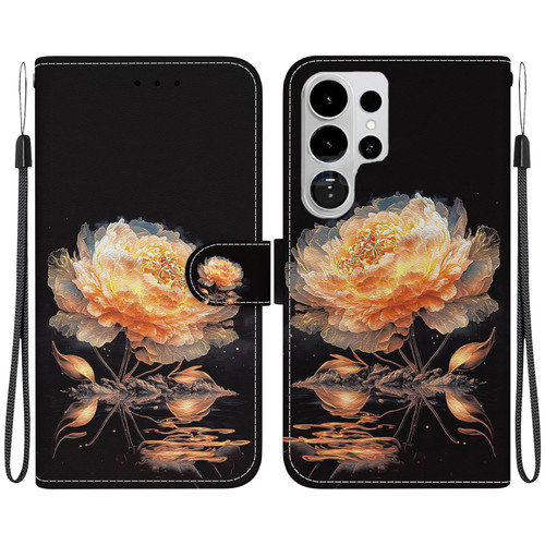 Samsung Galaxy S26 Ultra 5G Crystal Texture Colored Drawing Leather Phone Case - Gold Peony