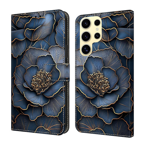 Samsung Galaxy S26 Ultra 5G Crystal-Like Painted Vegan Leather Phone Case - Blue Gold Peony