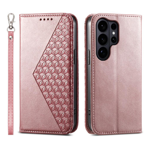 Samsung Galaxy S26 Ultra 5G Cubic Grid Calf Texture Magnetic Leather Phone Case - Rose Gold