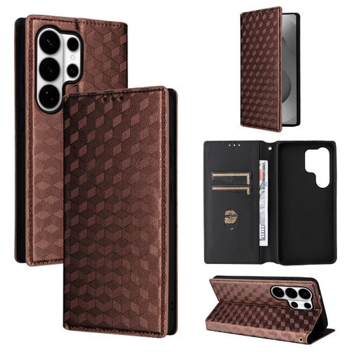 Samsung Galaxy S26 Ultra 5G Cubic Grid Texture Flip Leather Phone Case - Brown