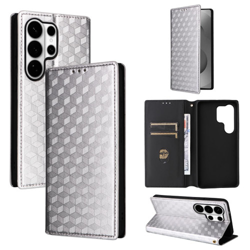 Samsung Galaxy S26 Ultra 5G Cubic Grid Texture Flip Leather Phone Case - Silver