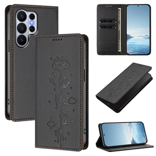 Samsung Galaxy S26 Ultra 5G Cute Cats Embossed Magnetic RFID Vegan Leather Phone Case - Black