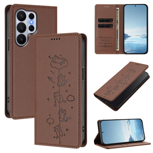 Samsung Galaxy S26 Ultra 5G Cute Cats Embossed Magnetic RFID Vegan Leather Phone Case - Brown