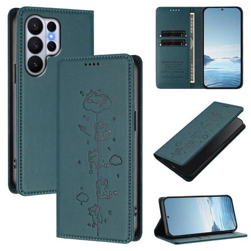 Samsung Galaxy S26 Ultra 5G Cute Cats Embossed Magnetic RFID Vegan Leather Phone Case - Peacock Green