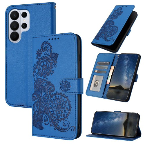 Samsung Galaxy S26 Ultra 5G Datura Flower Embossed Flip Leather Phone Case - Blue
