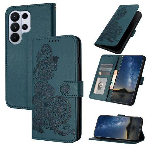 Samsung Galaxy S26 Ultra 5G Datura Flower Embossed Flip Leather Phone Case - Dark Green
