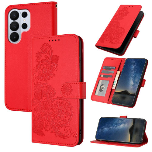 Samsung Galaxy S26 Ultra 5G Datura Flower Embossed Flip Leather Phone Case - Red