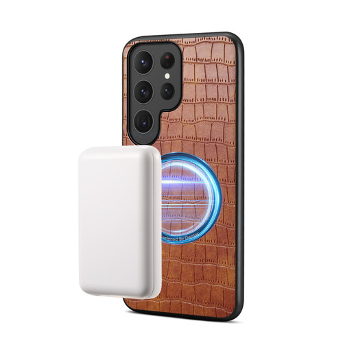 Samsung Galaxy S26 Ultra 5G Denior A09 Crocodile Texture PU Vegan Leather Magnetic Phone Case - Brown