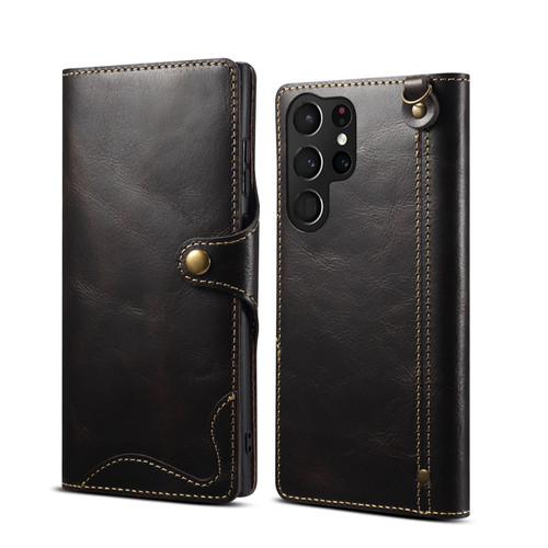 Samsung Galaxy S26 Ultra 5G Denior B01 Oil Wax Cowhide Magnetic Button Genuine Leather Case - Black