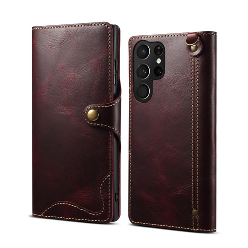 Samsung Galaxy S26 Ultra 5G Denior B01 Oil Wax Cowhide Magnetic Button Genuine Leather Case - Red