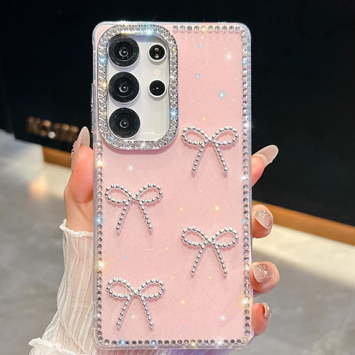 Samsung Galaxy S26 Ultra 5G Diamond Glitter Bow-knot Four-Corner Shockproof Phone Case - Light Pink