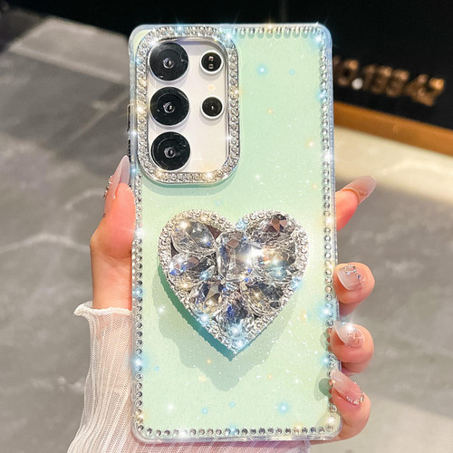 Samsung Galaxy S26 Ultra 5G Diamond Glitter Gemstone Heart Holder Phone Case - Light Green