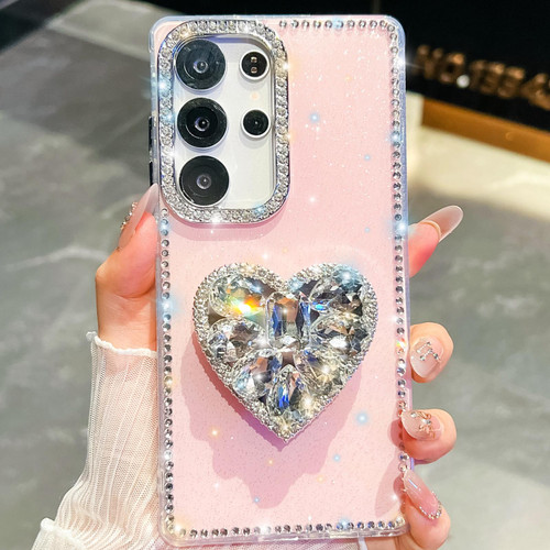 Samsung Galaxy S26 Ultra 5G Diamond Glitter Gemstone Heart Holder Phone Case - Light Pink