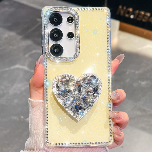 Samsung Galaxy S26 Ultra 5G Diamond Glitter Gemstone Heart Holder Phone Case - Light Yellow