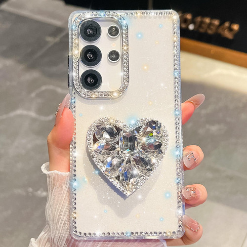 Samsung Galaxy S26 Ultra 5G Diamond Glitter Gemstone Heart Holder Phone Case - Transparent