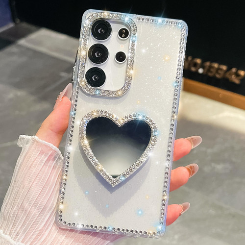 Samsung Galaxy S26 Ultra 5G Diamond Glitter Mirror Heart Holder Phone Case - Transparent