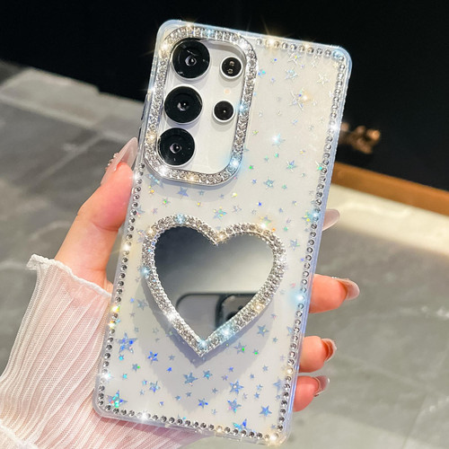 Samsung Galaxy S26 Ultra 5G Diamond Glitter Mirror Heart Holder Phone Case - Transparent Stars