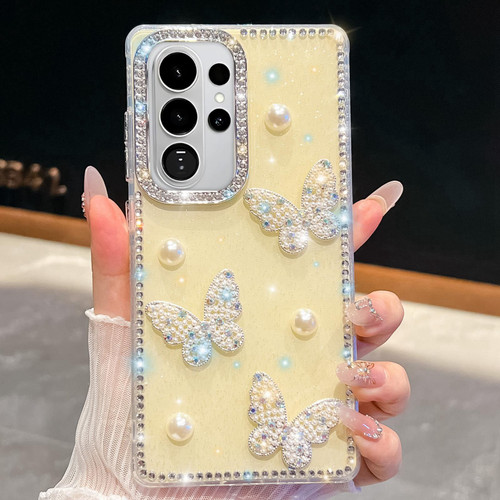 Samsung Galaxy S26 Ultra 5G Diamond Glitter Pearl Butterfly Four-Corner Shockproof Phone Case - Light Yellow