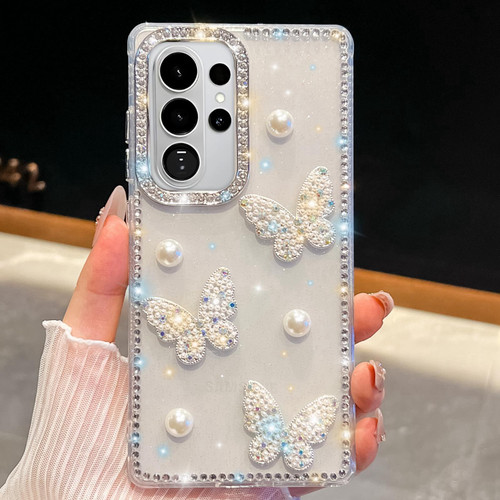 Samsung Galaxy S26 Ultra 5G Diamond Glitter Pearl Butterfly Four-Corner Shockproof Phone Case - Transparent