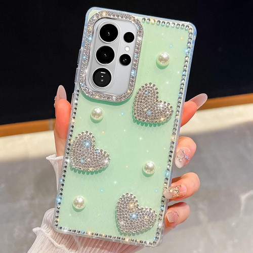 Samsung Galaxy S26 Ultra 5G Diamond Glitter Pearl Heart Four-Corner Shockproof Phone Case - Light Green