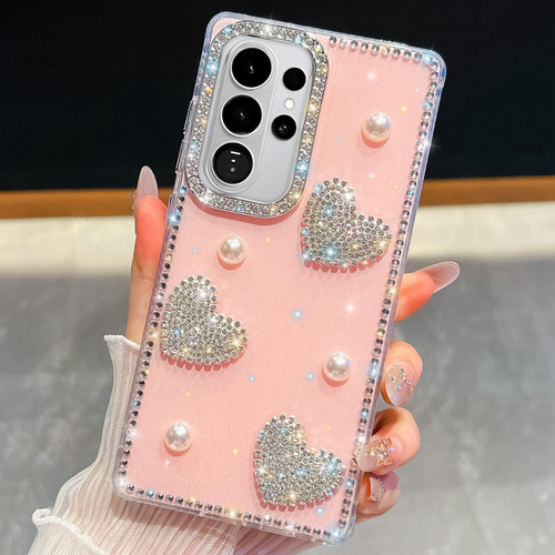 Samsung Galaxy S26 Ultra 5G Diamond Glitter Pearl Heart Four-Corner Shockproof Phone Case - Light Pink